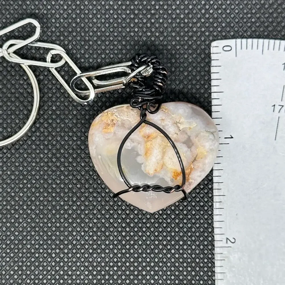 Flower Agate keychain wire wrapping distressed black wire handmade